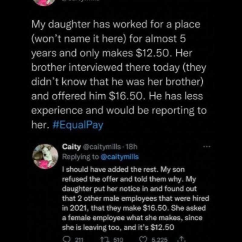 X post about pay disparity between mom's son and daughter