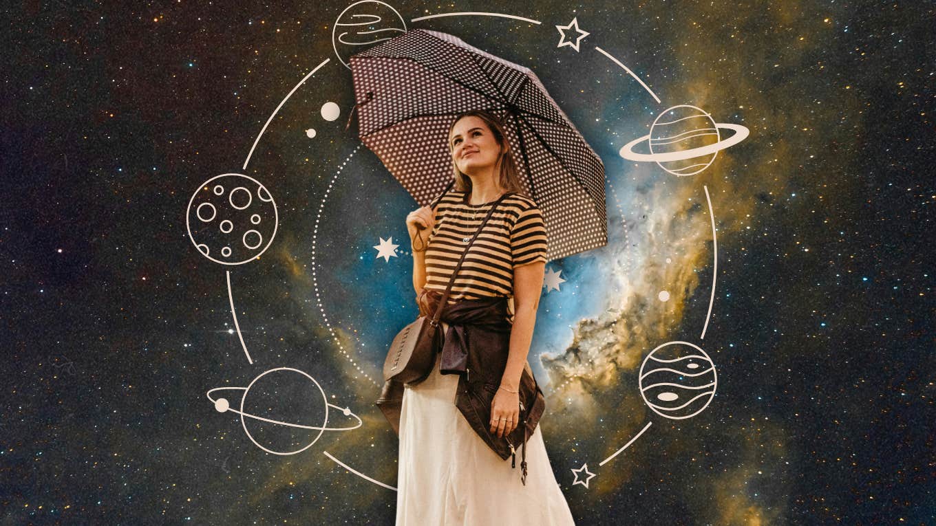 woman surrounded by planets in gemini stellium on june 5