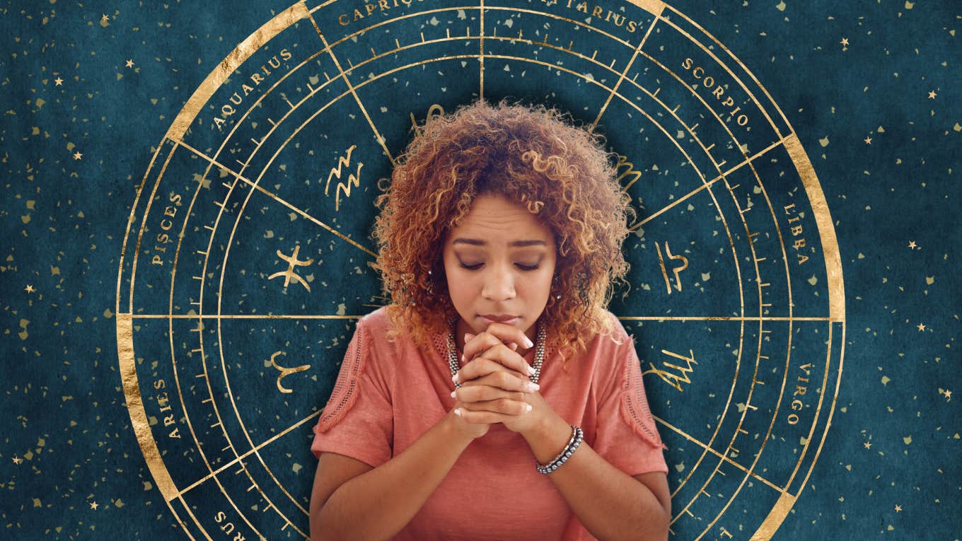 overwhelmed woman overthinking on zodiac wheel
