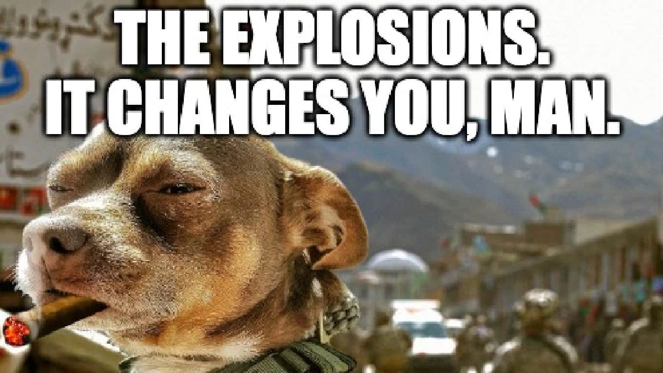 Dog saying 'the explosions, it changes you man'