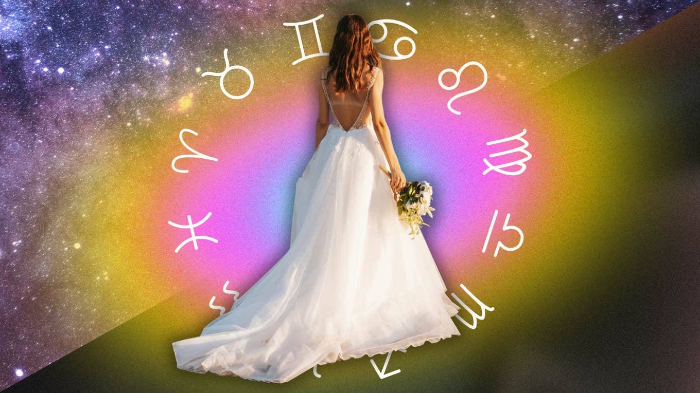 woman in wedding dress with zodiac signs