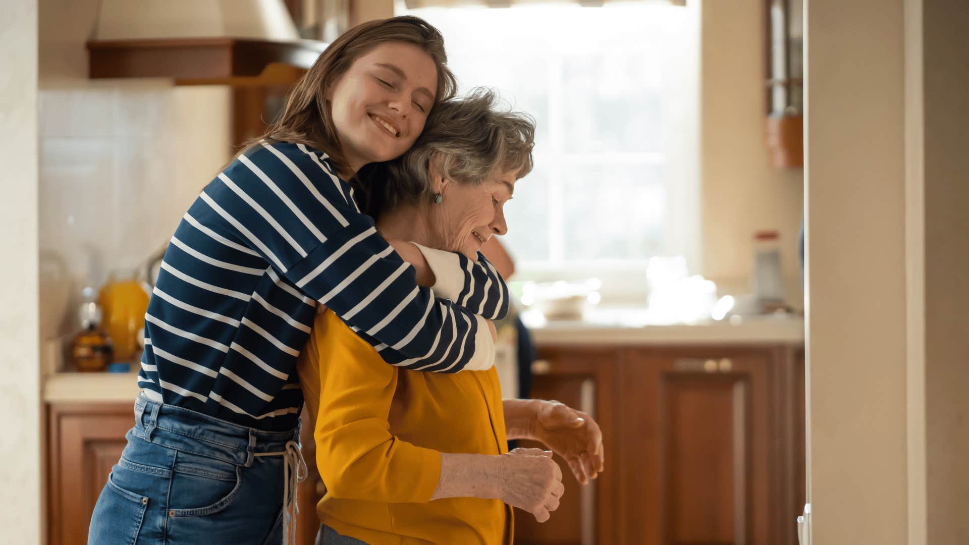 classy woman hugging her grandmom