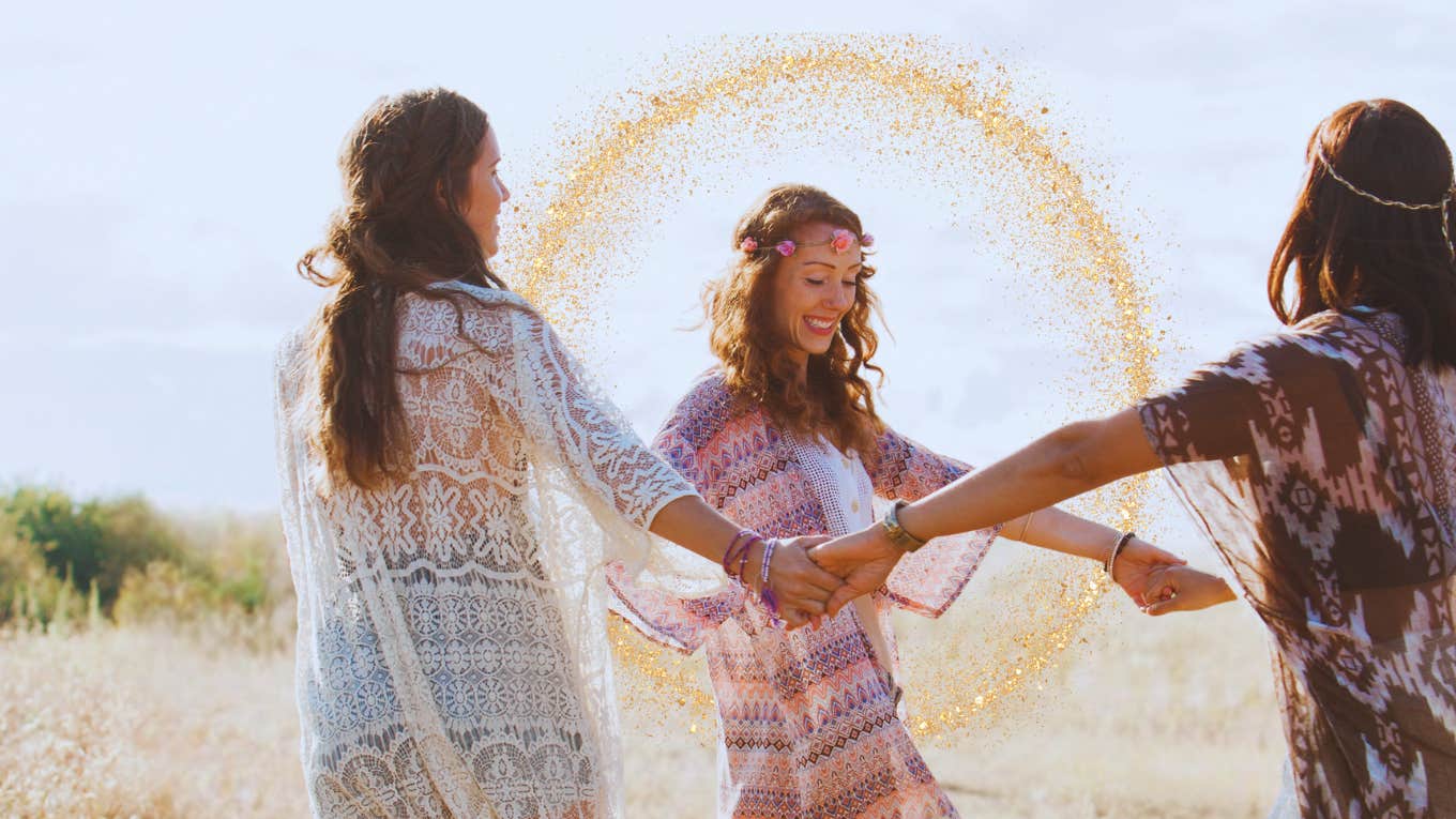 Three young women benefitting from ancient rituals in a field