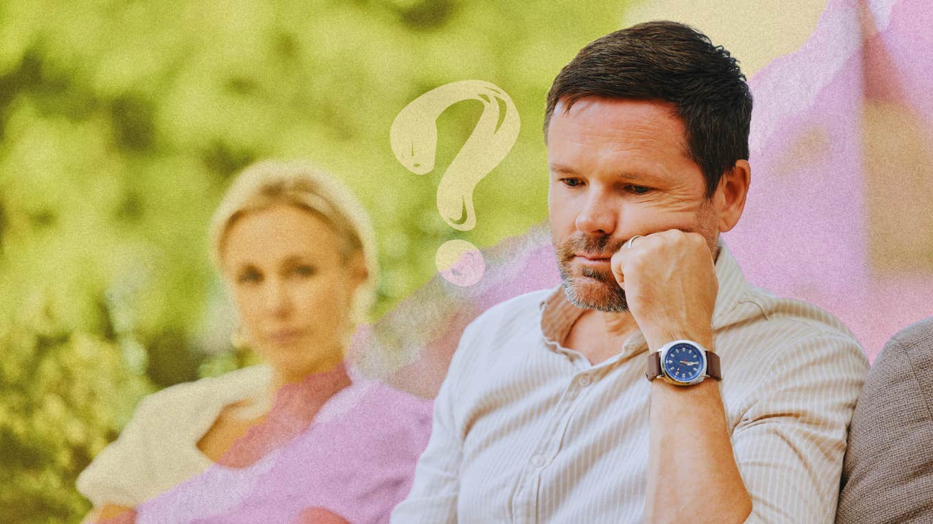 Man ponders the blunt reasons why he has a passionless marriage while his wife is behind him.