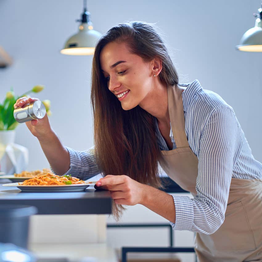 woman salting food in salt and pepper job interview test 