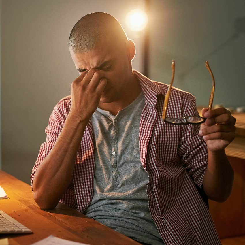 Man with morning anxiety struggling with brain fog. 