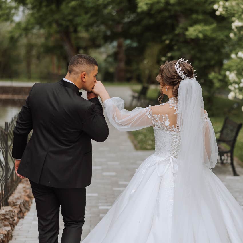 Bride and groom at park