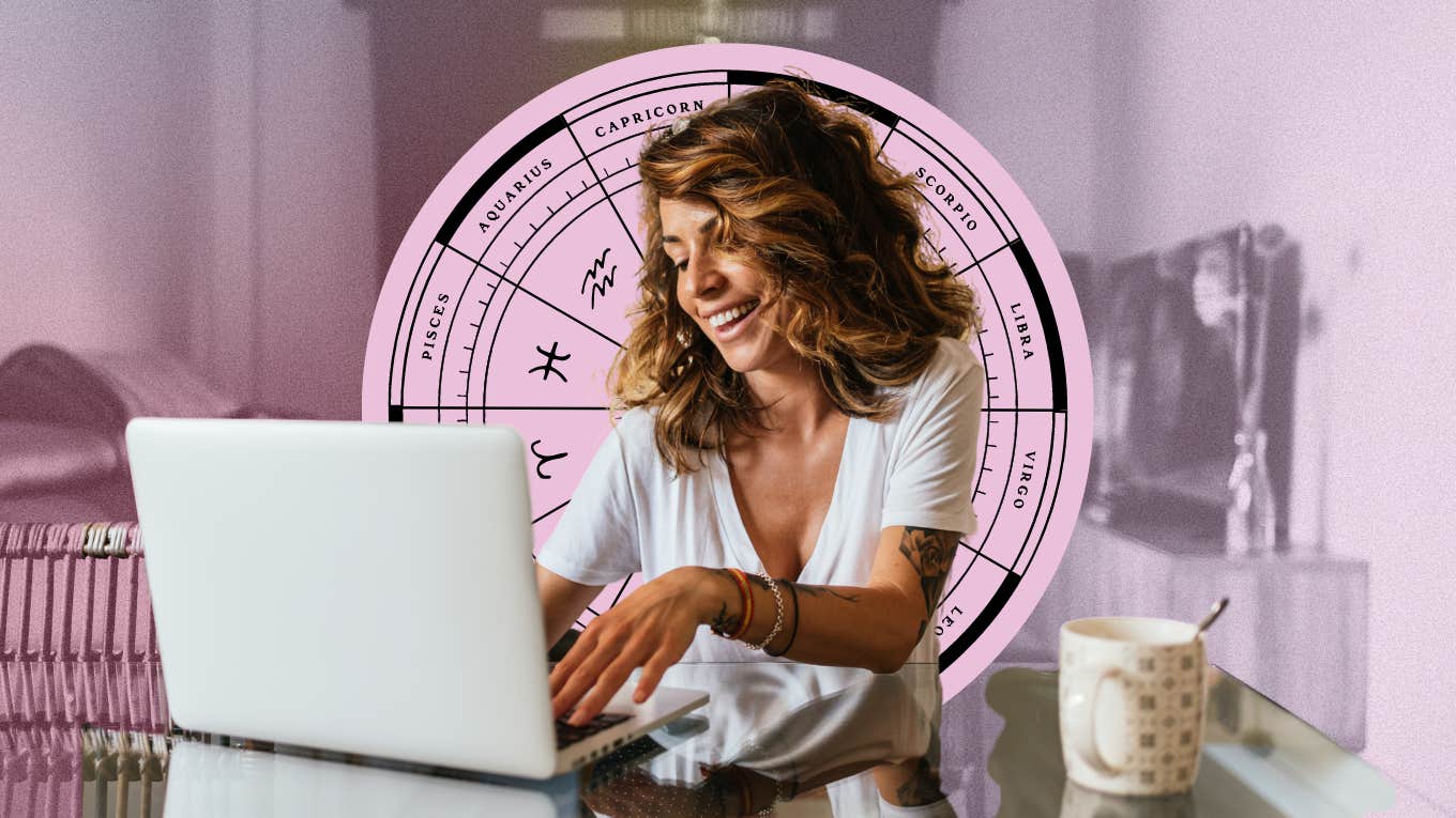 career-oriented woman working with astrology house wheel behind her