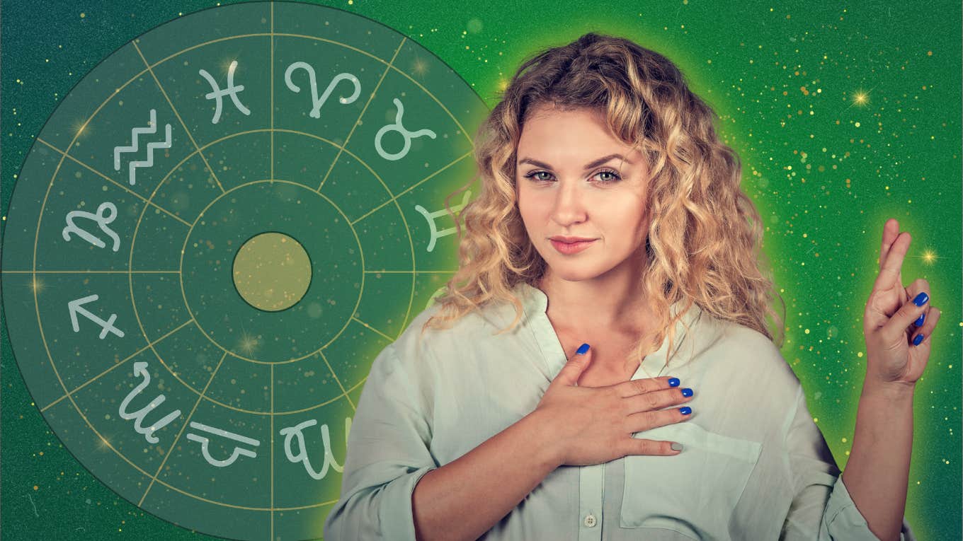 lying woman with fingers crossed on zodiac background