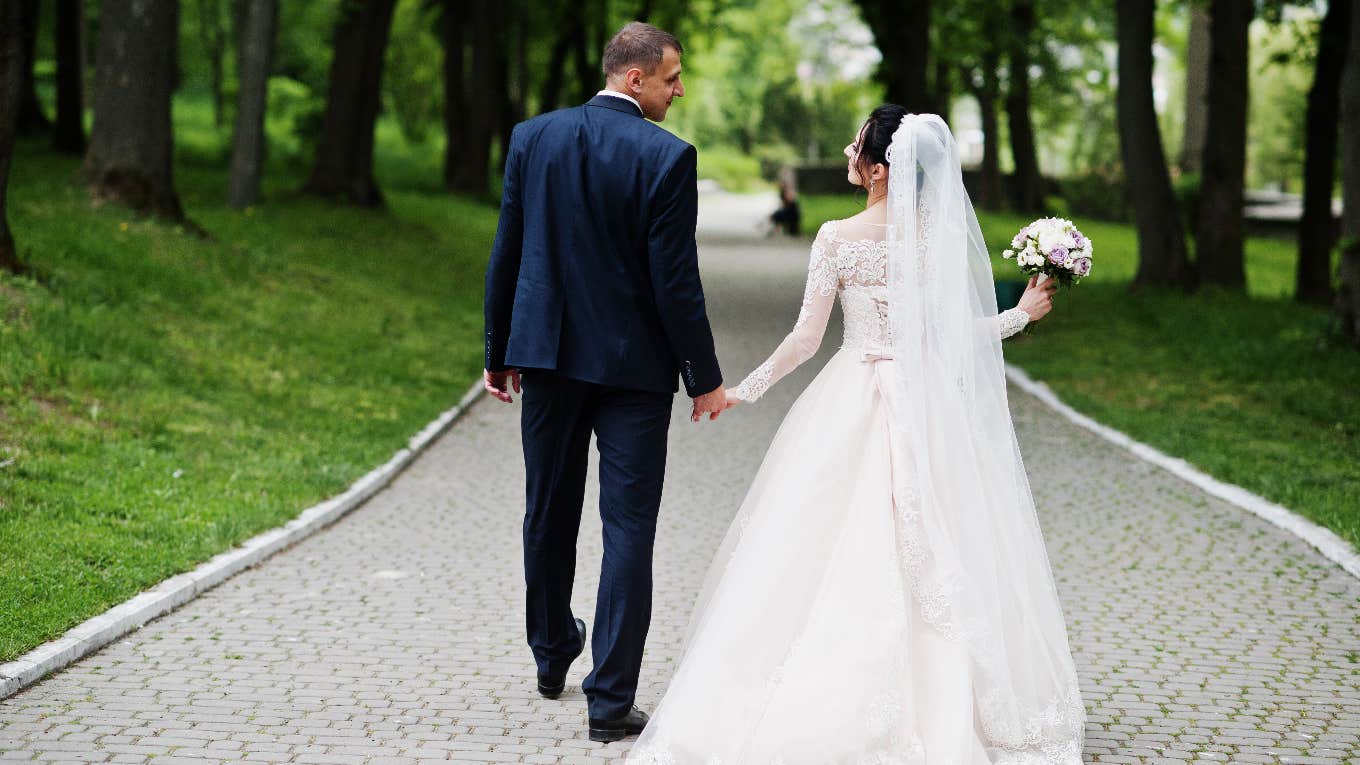 Bride and groom in a park