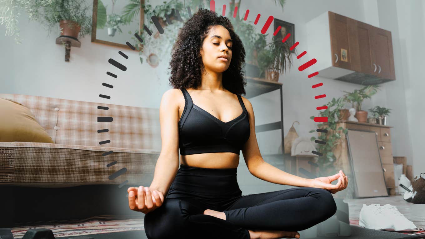 Woman meditating in her living room for 15 minutes a day