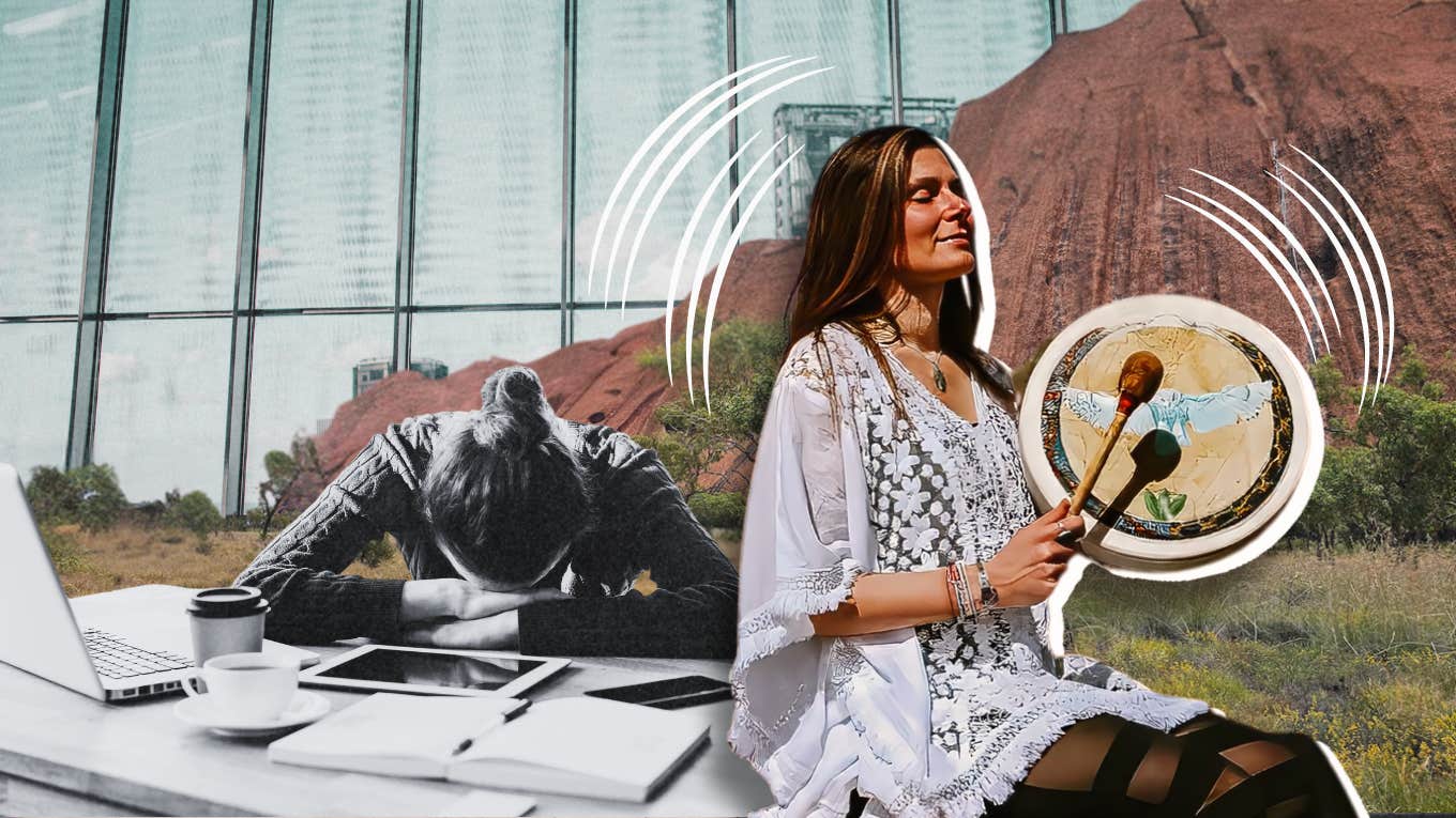 Fatigued unhappy woman at corporate desk, happy woman living the dream in Peru