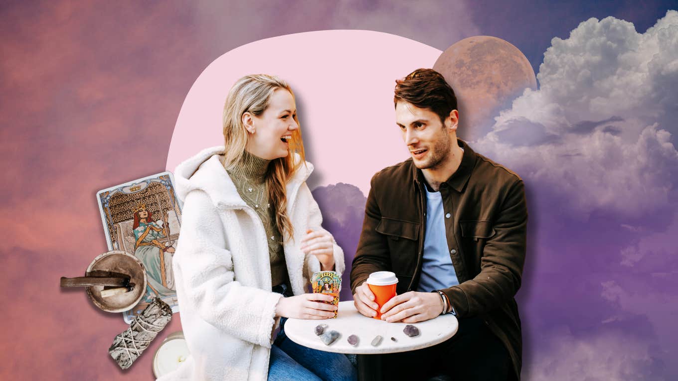 Woman explaining her spiritual beliefs to boyfriend over coffee