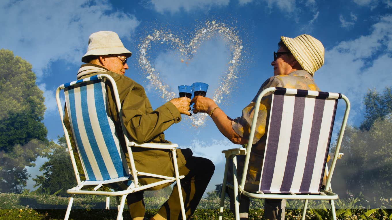 Man cheers a woman sitting in chairs to show how he wants to love her. 