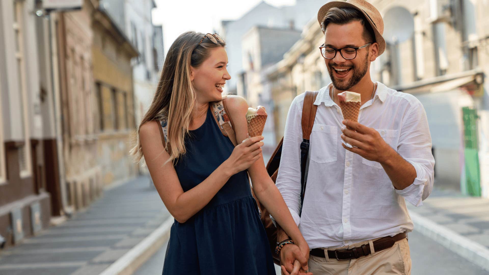 man and woman going out on old-fashioned date and getting ice-cream