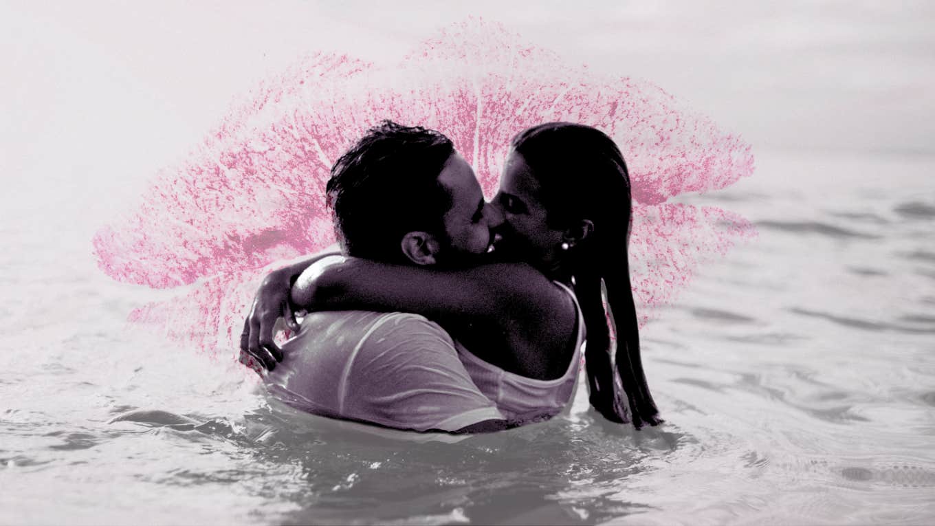 Couple kissing in the ocean has the old-fashioned rules memorized.