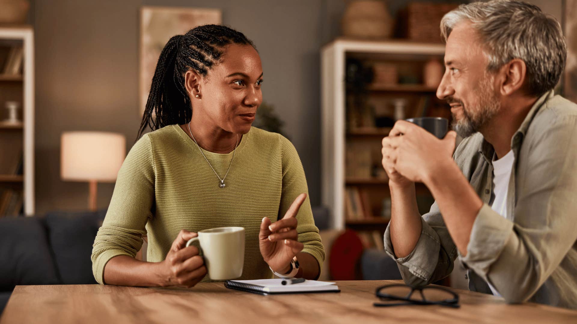 happy woman talking to man