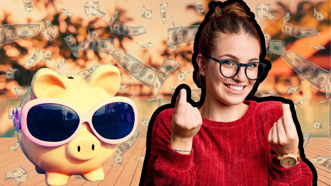 happy woman with money and piggy bank