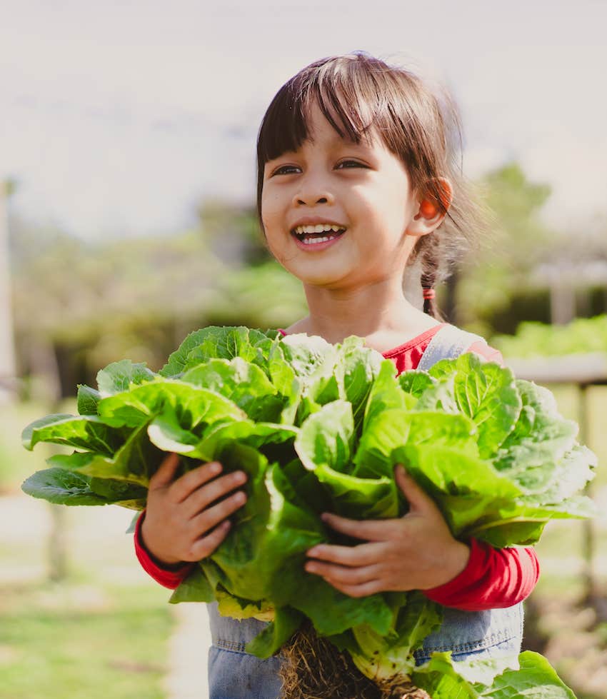 Child with armful of leafy greens has found a heathy snack they will eat