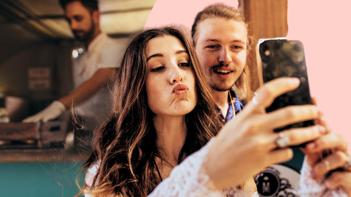 Modern relationship advice when you're falling in love, couple taking selfie together