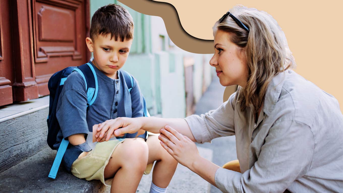 Son having a melt down leaving mom, on first day of school