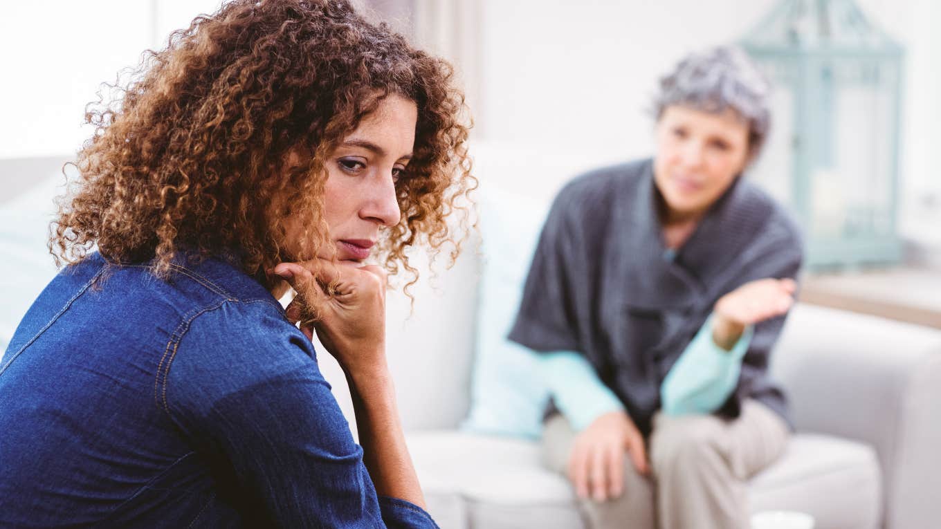 upset woman talking with older woman