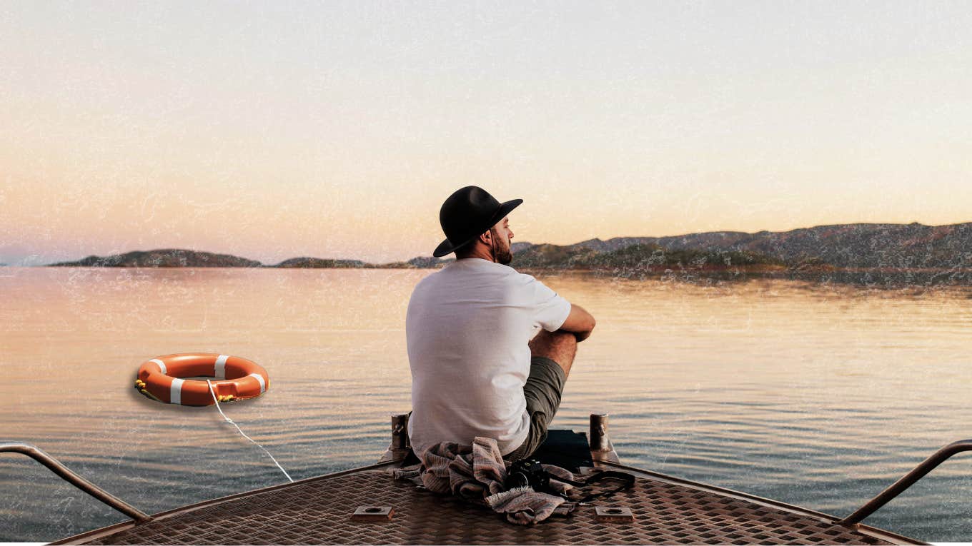 Man waiting, looking out into vast nature. Realizing no one was coming to save him.