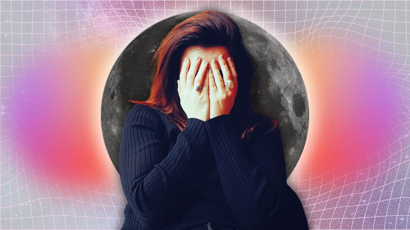 woman with headache in front of full moon