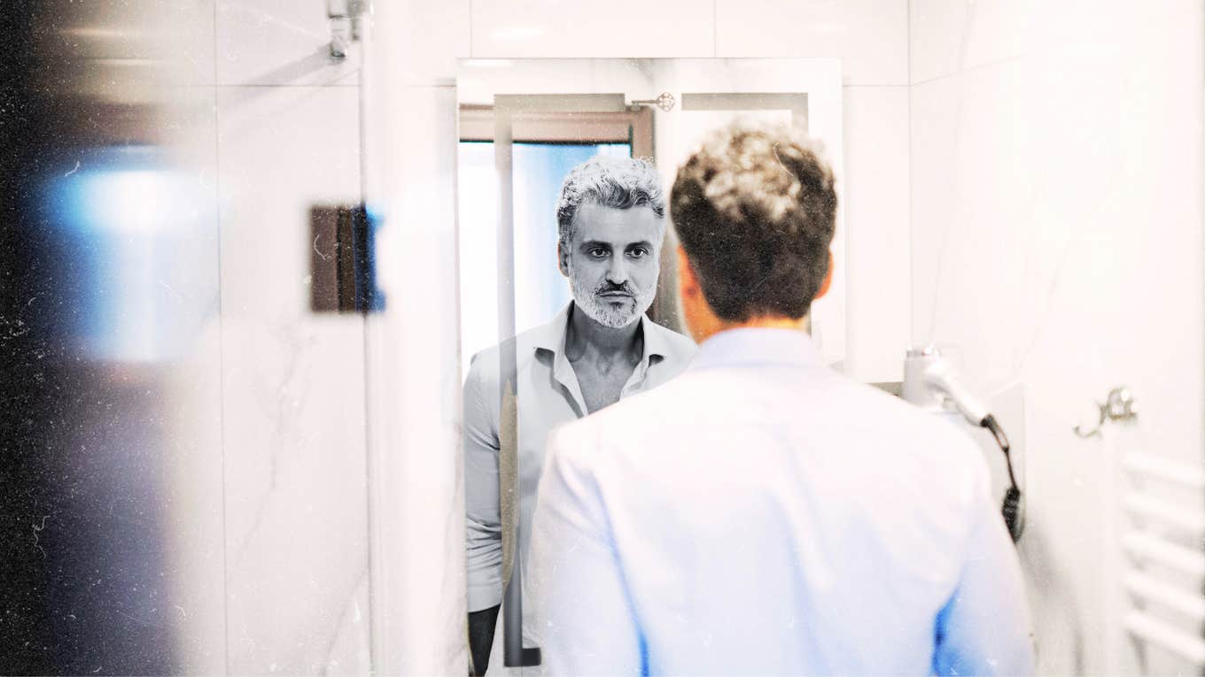 Man looking miserable and insecure in mirror, cheater