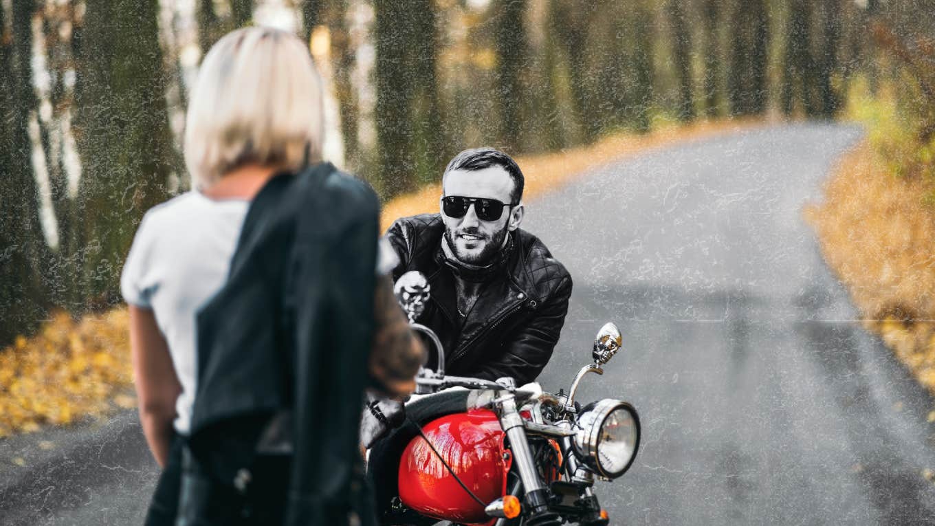 Good woman attracted to bad boy on motorcycle