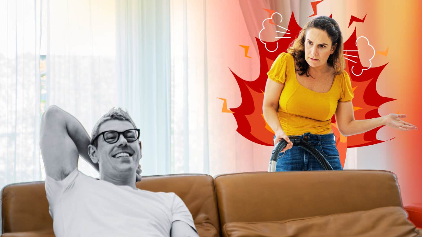 Woman exploding with anger at husband casually sitting on couch