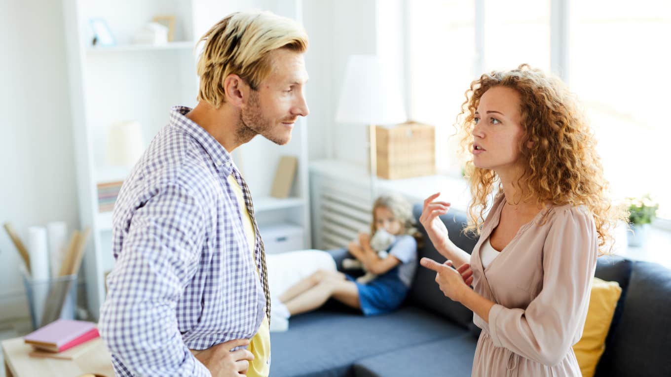 wife complaining to husband in front of kids at home