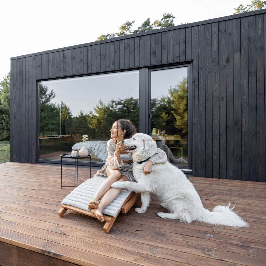 woman and dog at home