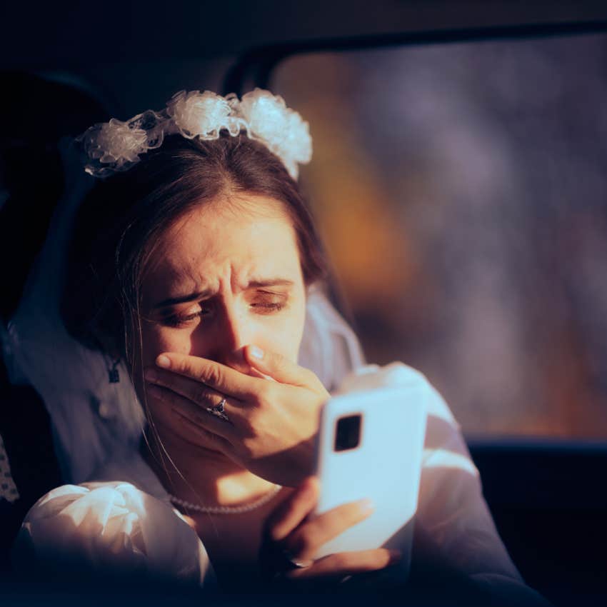 bride reading texts her fiance sent to another woman