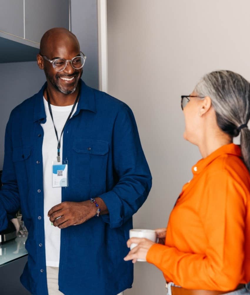 employees chatting in the break room