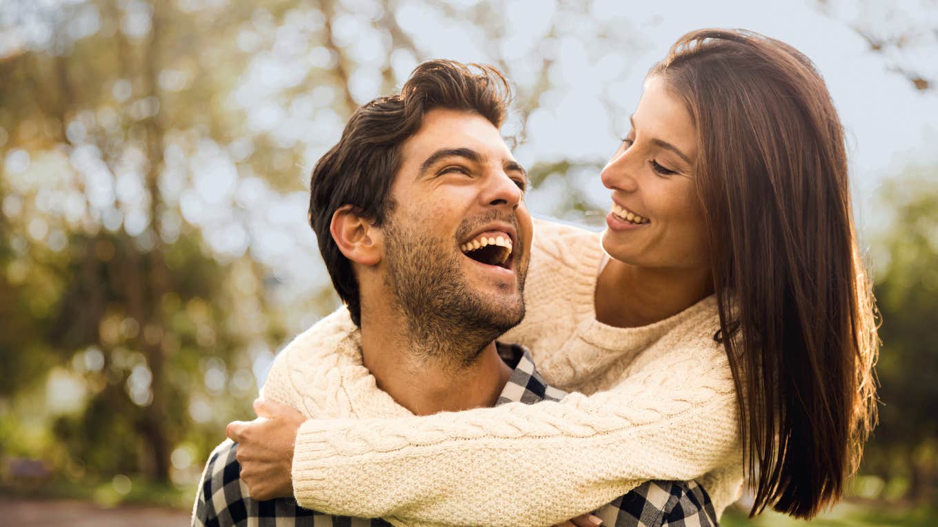 Woman uses the commitments to get her man she is hugging to do anything she wants.