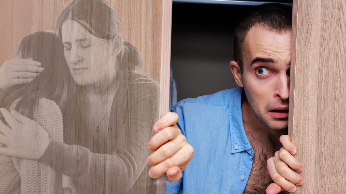 Man hiding in closet from difficult marriage 