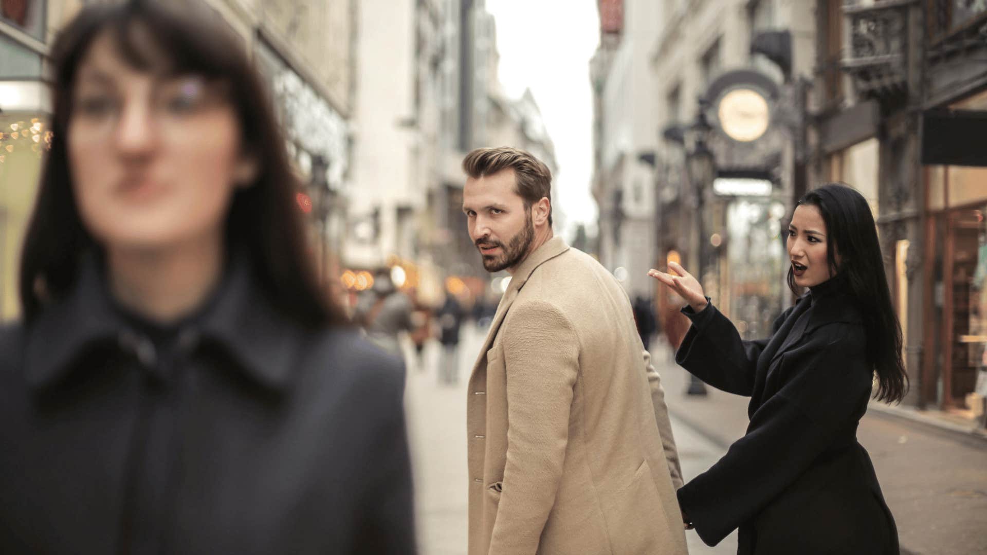 man with wandering eye and woman upset