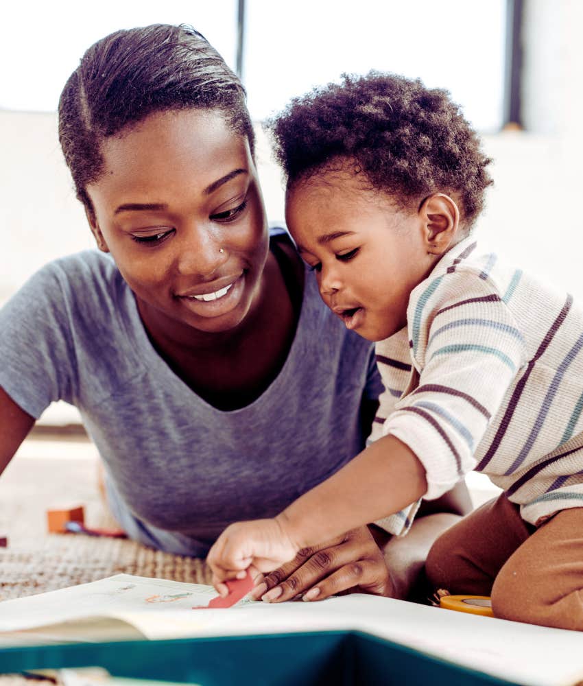 mom and toddler coloring together