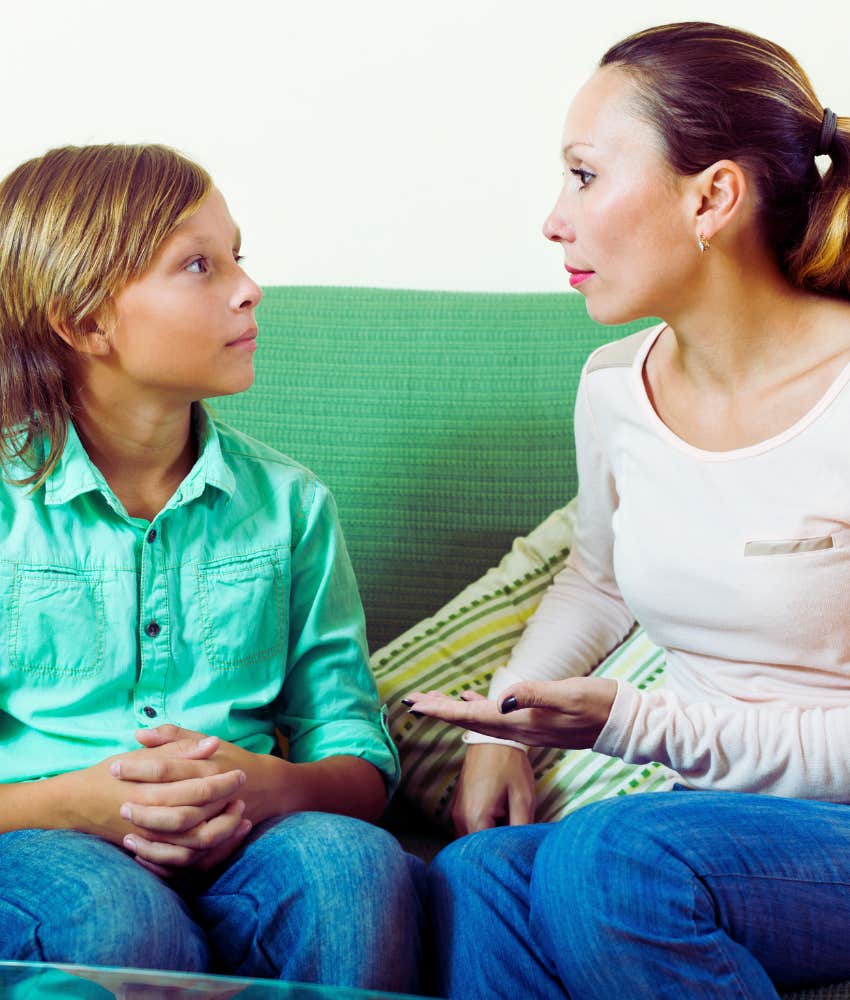 mom and son having a serious conversation