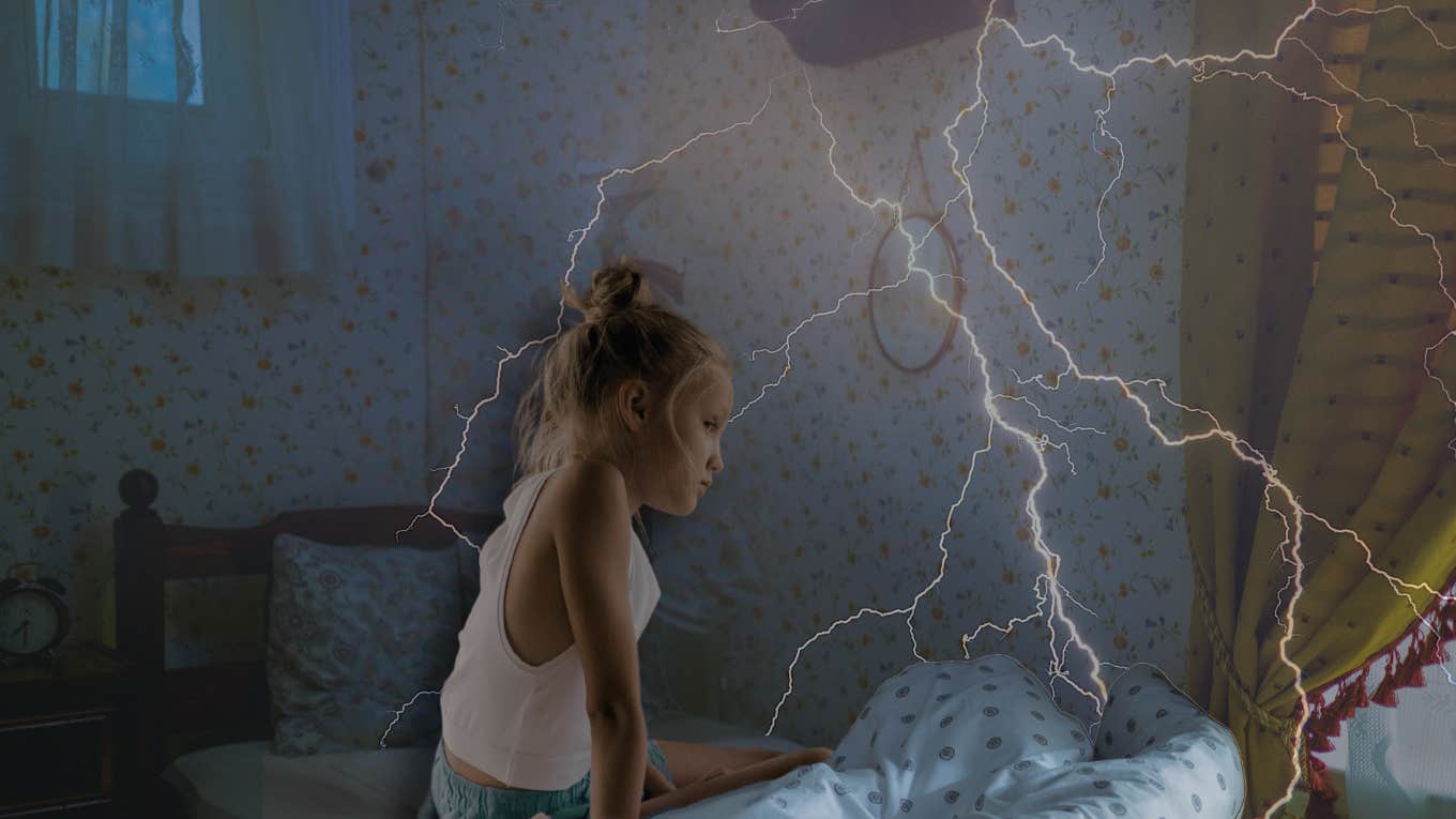 Young girl in her room during a severe weather event 