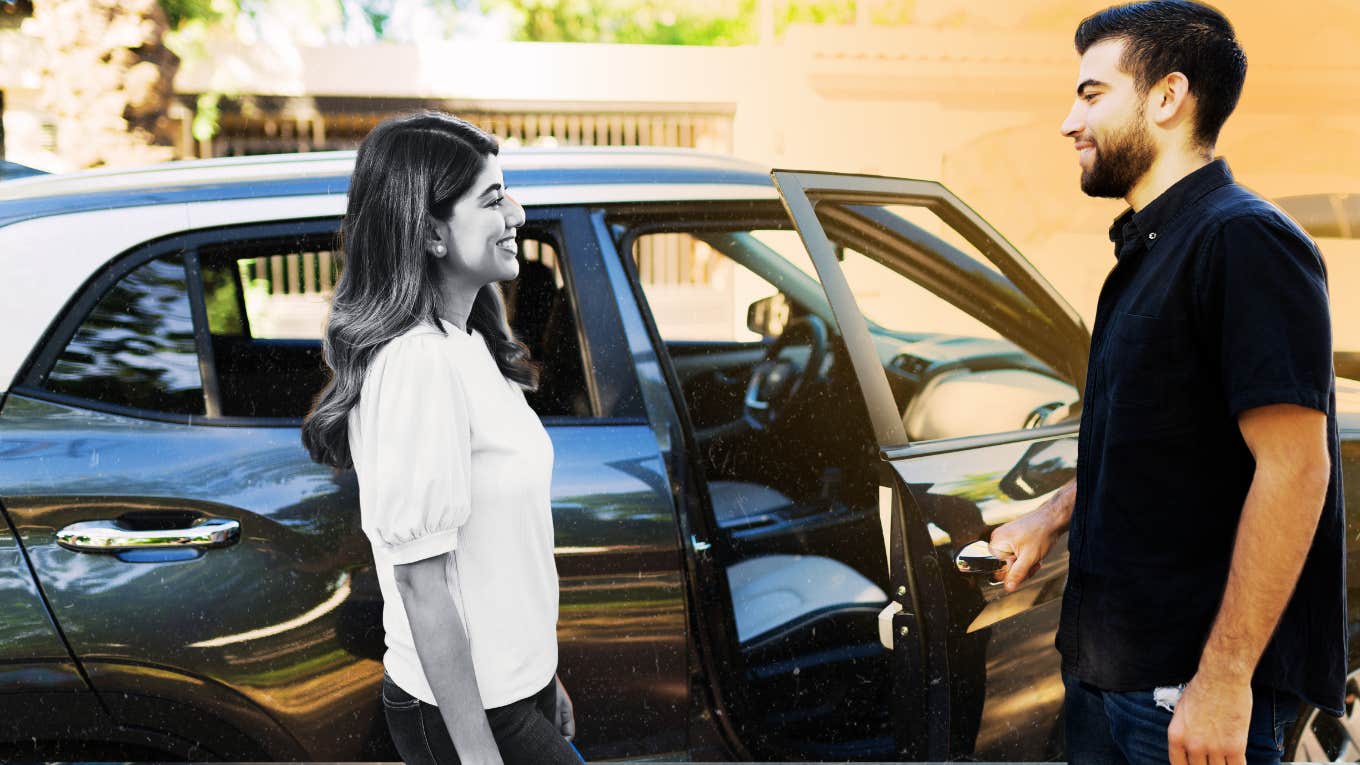 Man opening the car door, old fashioned love