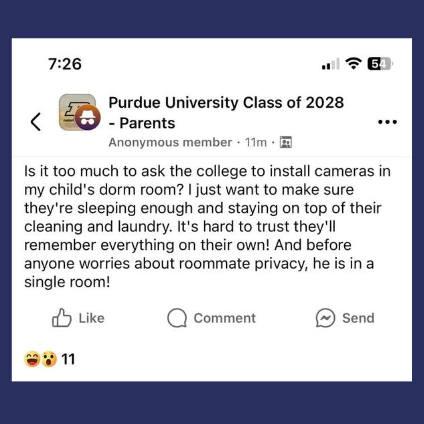 screenshot of Facebook post from overprotective helicopter mom of gen Z college freshman at Purdue