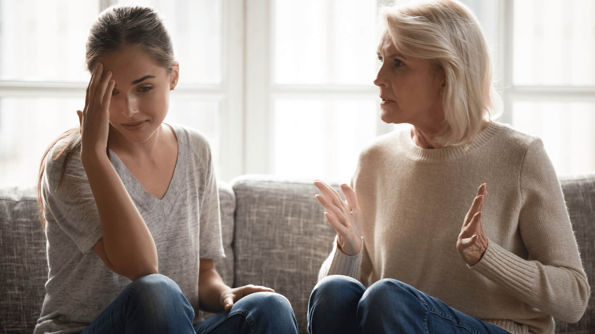 unhappy adult woman mom telling her what to do