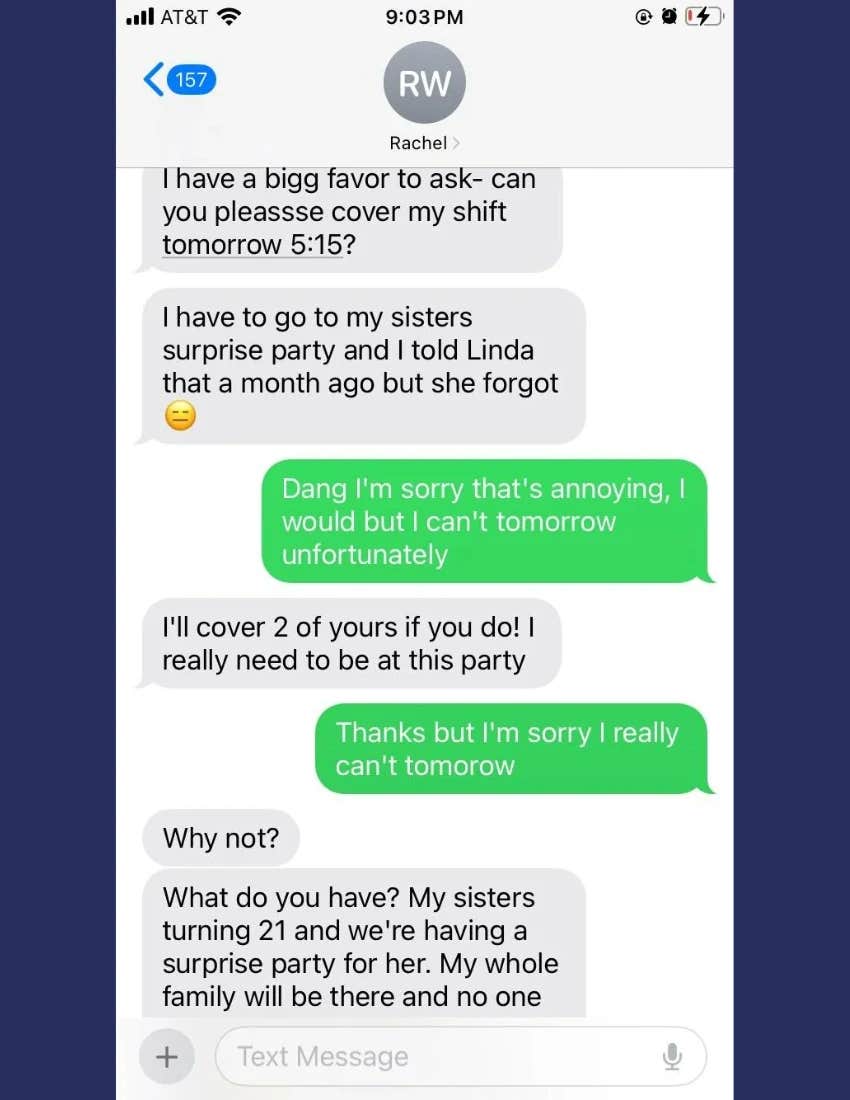 Screenshot of worker's text messages asking her coworker to take her shift