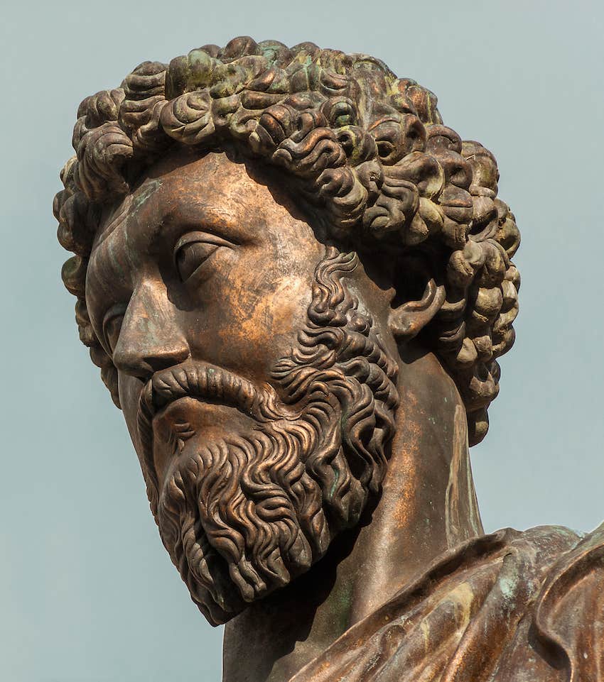 Bronze of Marcus Aurelius contemplates happiness in life