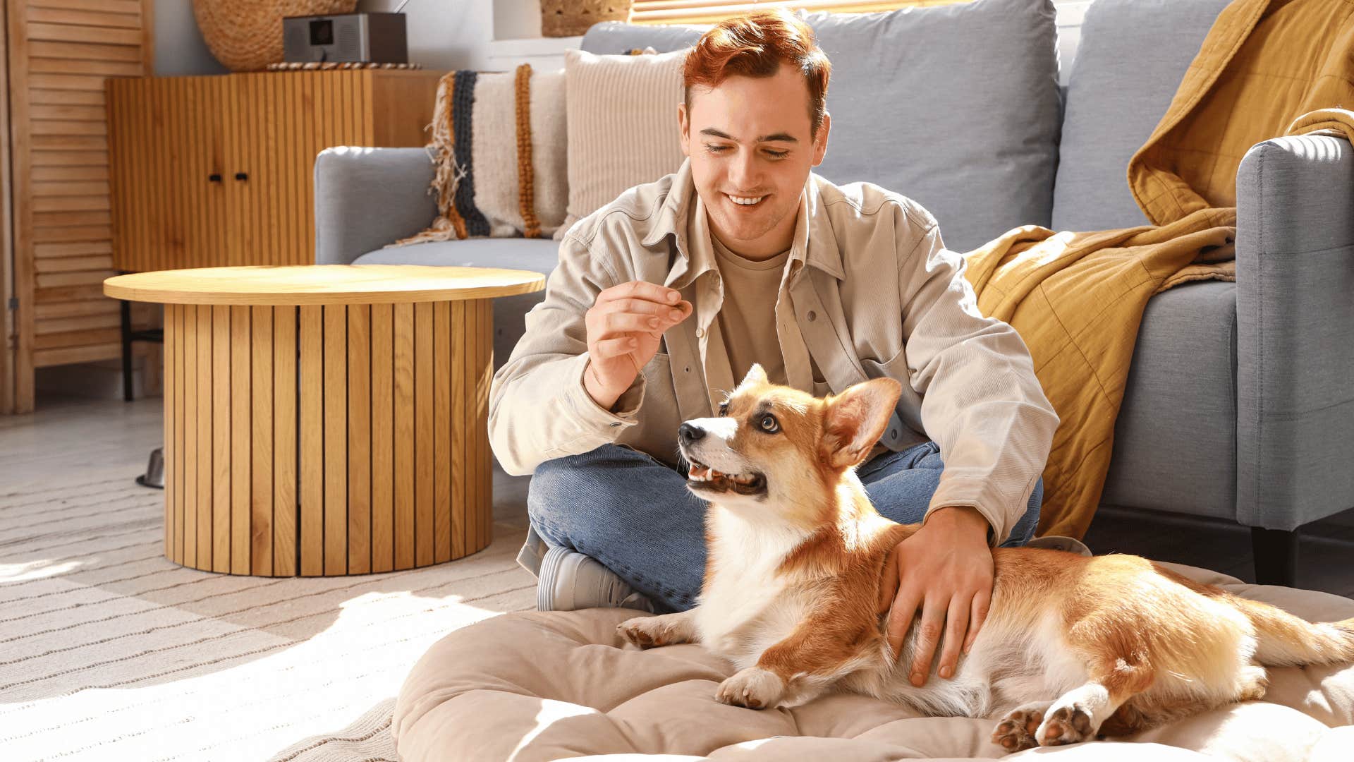 man feeding dog