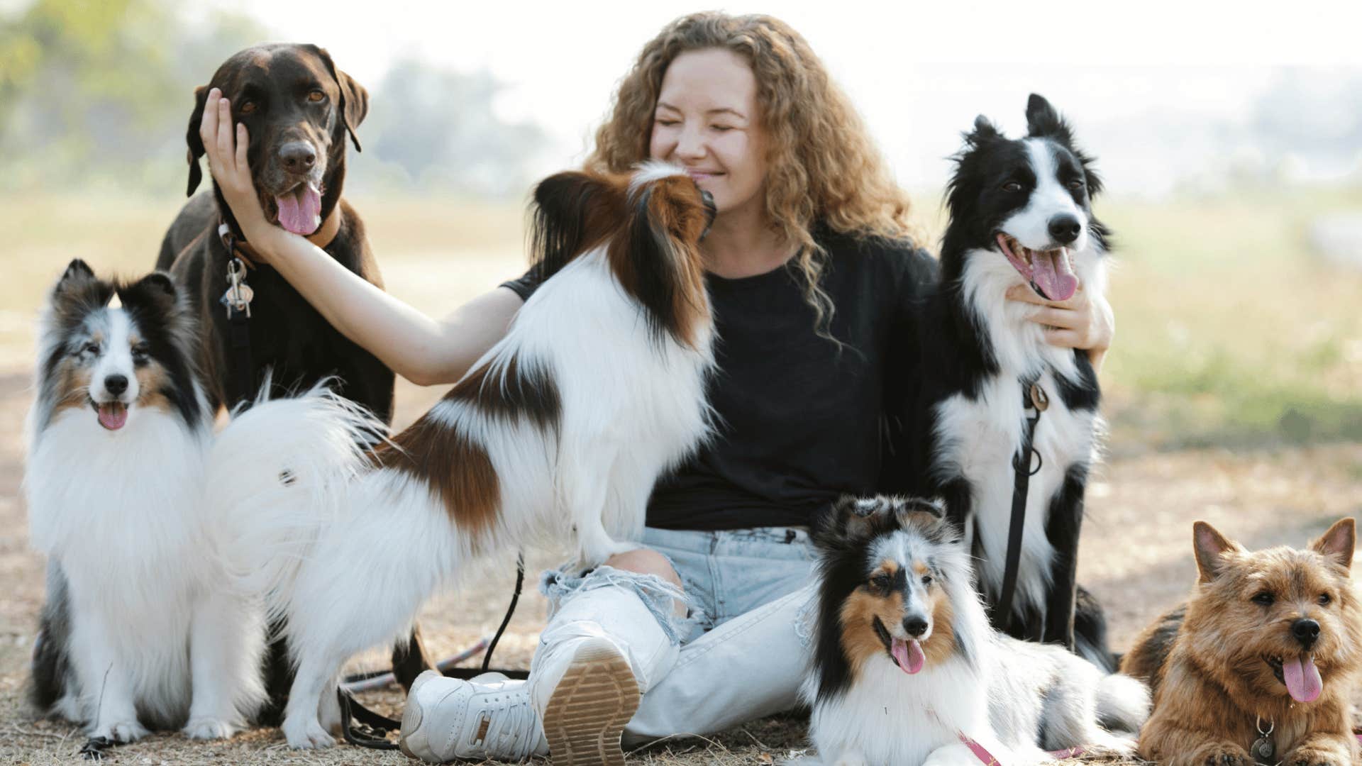 woman surrounded by dogs