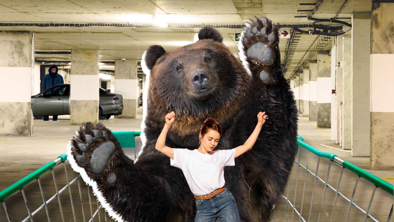 Woman walking to car in a dark parking garage, conquering fears. Facing the Bear. 