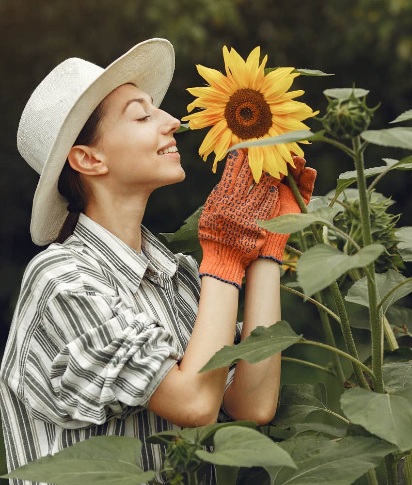 Woman tending to sunflowers in garden